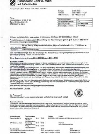 Freistellungsbescheinigung bei Georg Wagner GmbH & Co. in Lohr/Main