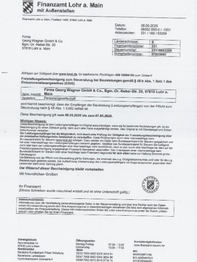 Freistellungsbescheinigung bei Georg Wagner GmbH & Co. in Lohr/Main